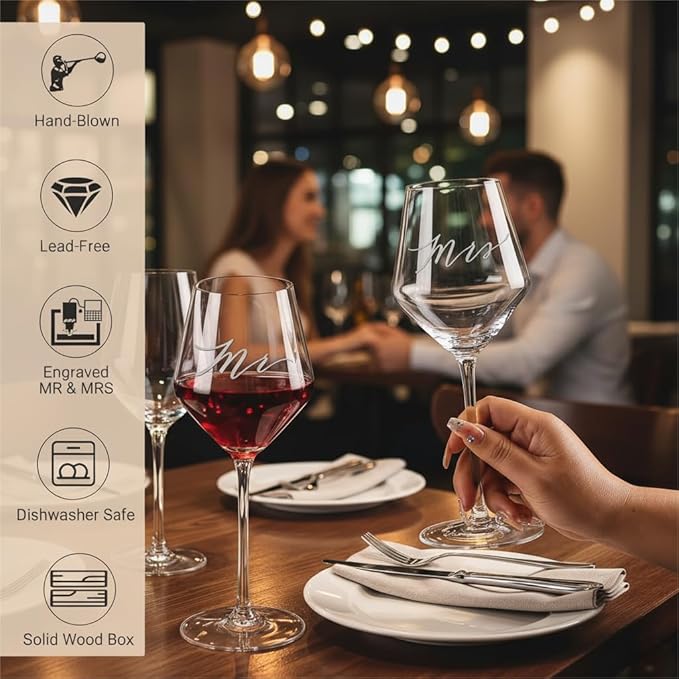 Christmas Mr Mrs Wine Glasses for Couples – Engagement, Wedding & Newlywed Gift for Couples, Just Engaged Gifts for Women, Woonden Memory Box Xmas Couple Present