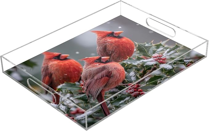Serving Tray with Handles Clear Acrylic Tray 12x16 Inch Decorative Rectangular Tray Organizer for Ottoman Coffee Table Bathroom Winter Birds Holly