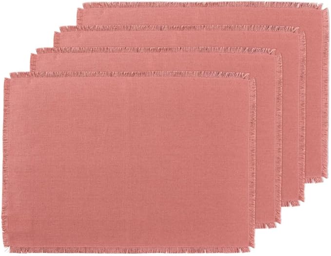 Solino Home Fringe Linen Placemats Set of 4 - Dusty Rose Placemats 14 x 19 Inch - 100% Pure Linen Table Mats