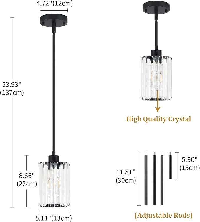 2 Pack Black Pendant Light, Modern Crystal Pendant Lights Kitchen Island Lighting, Hanging Light Fixtures Mini Chandelier Pendant Lights for Island Dining Room Hallway Bedroom