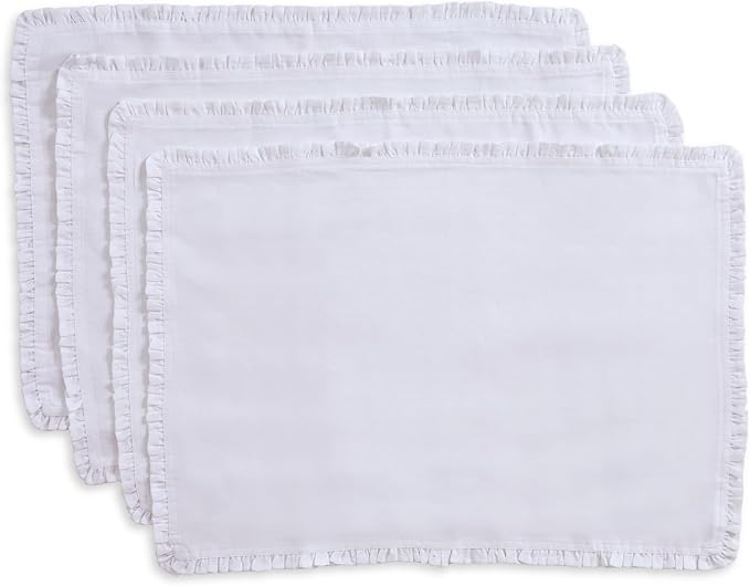 Solino Home White Linen Placemats 14 x 19 Inch - 100% Pure Linen Juliette Ruffle Placemats Set of 4 - Handcrafted and Machine Washable Table Mats for Christmas, New Year