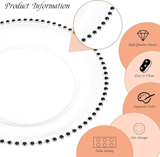24 Pack Clear Charger Plates with Beaded Rim, 13 Inch Plastic Chargers for Dinner Plates Acrylic Round Tabletop Decoration for Home Kitchen Catering Wedding Table Event Party Dinner (Black)