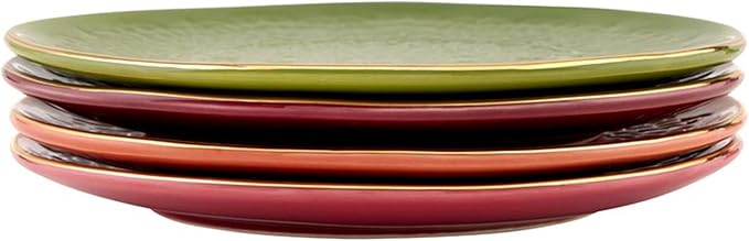 Santa Barbara Design Studio 4-Piece Appetizer Plates Set Gold Rim Stamped Ceramic Dessert Plates, 6" Diameter, Maroon/Pink/Orange/Green