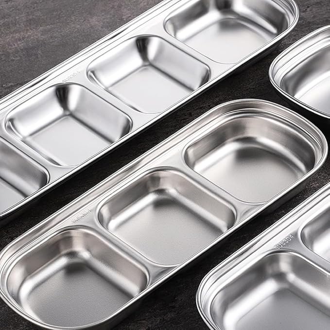 3 Piece Stainless Steel Sauce Tray, Divided DippingTray, 3 Compartment Appetizer Serving Tray for Sauce, Ketchup, Dressing, Silver, 8 X 3 Inches (3 Compartment)