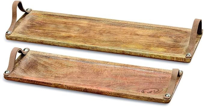 Farmer's Market Serving Board Trays, Brown Leather Handles, Food Safe, Rectangle Shape, Sustainable Mango Wood, Metal, Rustic Design,18 and 15 Inches Long