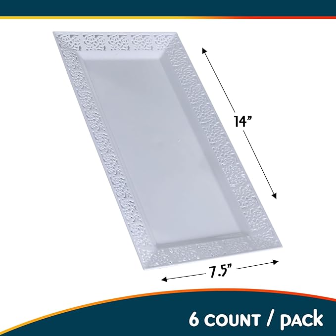 Silver Spoons White Plastic Rectangular Trays with Lace Rim - 14" x 7.5" (Pack of 6) - Perfect for Parties, Weddings & More