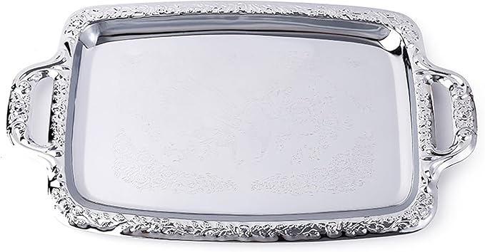 Simple Stainless Steel Tray with Silver Border Tabletop Snack Fruit Tray Rectangular Storage Tray,Silver