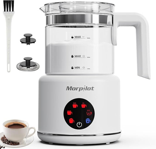 Large Electric Milk Frother and Steamer, 16.9oz/500ml Milk Steamer and Frother for Latte or Hot Chocolate, Dishwasher Safe, 6 Functions, Enjoy Perfect Milk Froth in 2 Min (White-Glass)