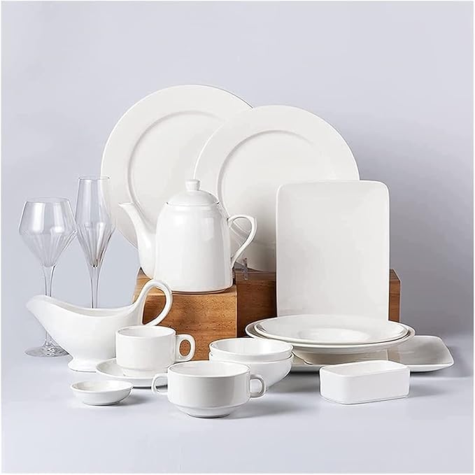 Dinnerware Set Luxury Family Dinner Service Set,32pcs Pure White Ceramics Dinner Sets,Complete Porcelain Combi-Set,Fine Plates Bowls and Cups,Microwave and Dishwasher,