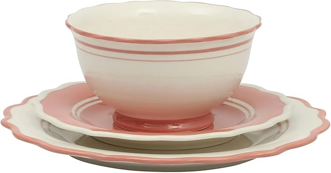 12-Piece Ceramic Dinnerware Set – 4 Dinner Plates, 4 Salad Plates, 4 Bowls, Purple and White Modern Tableware, Dishwasher & Microwave Safe (Coral)