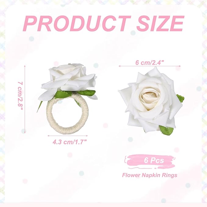 uxcell 4Pcs Flower Napkin Rings, Handmade Rose Napkin Ring Holders Buckles Table Decorations for Christmas Thanksgiving Valentine Decor Wedding Parties, Banquet, Home, White