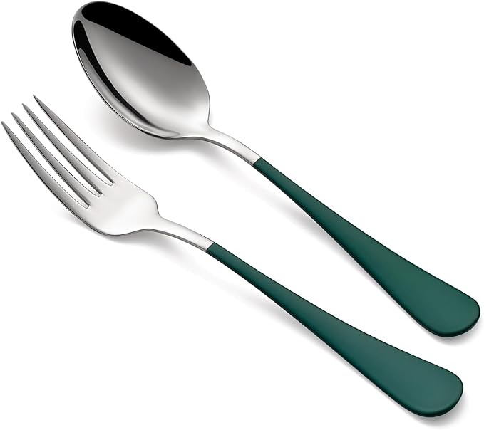 24 piece Green Forks and Spoons Silverware Set,Green Handle Silverware 18/0 Stainless Steel Flatware Bulk Forksand Spoons Dessert Forks of 24