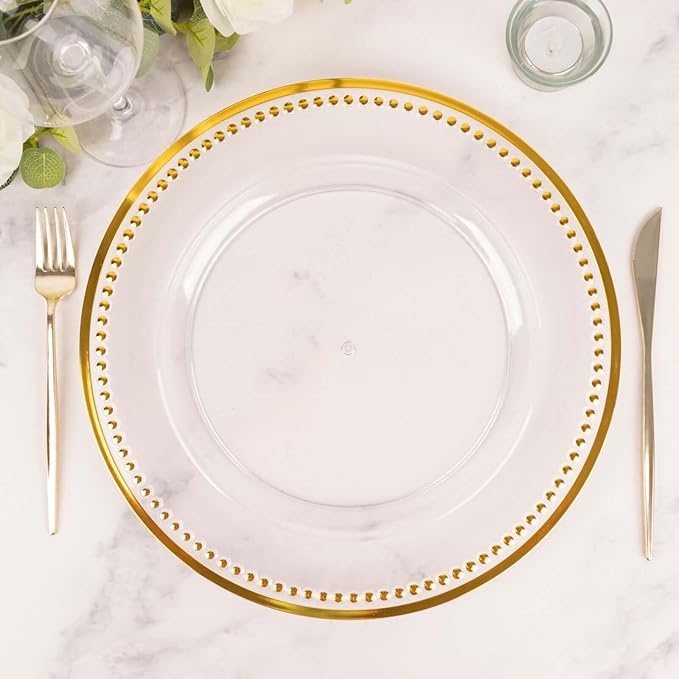 13" Charger Plates -Set of 12 - Acrylic Clear/Gold Round Beaded Disposable Chargers, Ideal for Dinner Party Wedding Bulk Events Tabletop Decoration