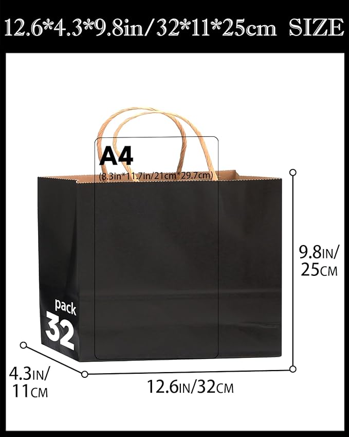 qiqee 13"x4.5"x10" Large Gift Bag with Handles Bulk 100PCS Gift Paper Bags Black Bags Multiple Uses (Wide Large)