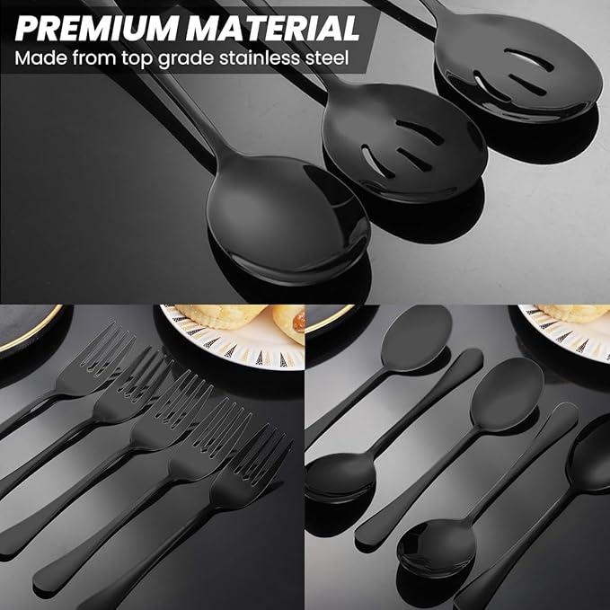 Silverware Sets, Includes 2 Serving Spoon,2 Slotted Serving Spoon, 2 Serving Fork, Stainless Steel Serving Spoons for Parties,Buffet Serving Utensils Set (Black)