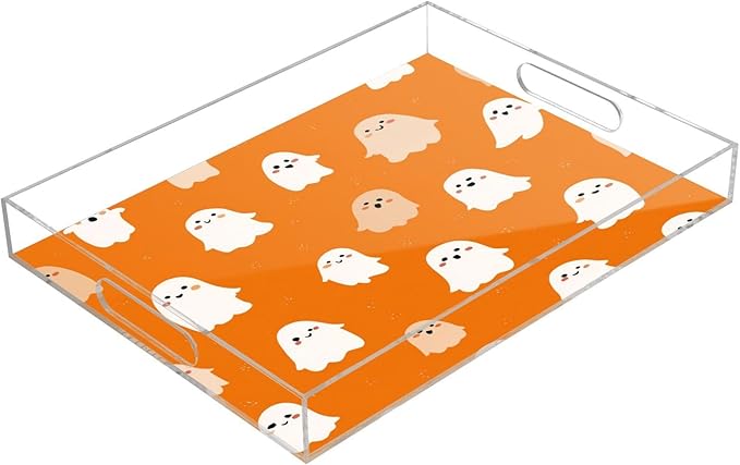 Serving Tray with Handles Clear Acrylic Tray 12x16 Inch Decorative Rectangular Tray Organizer for Ottoman Coffee Table Bathroom Halloween Ghosts Orange