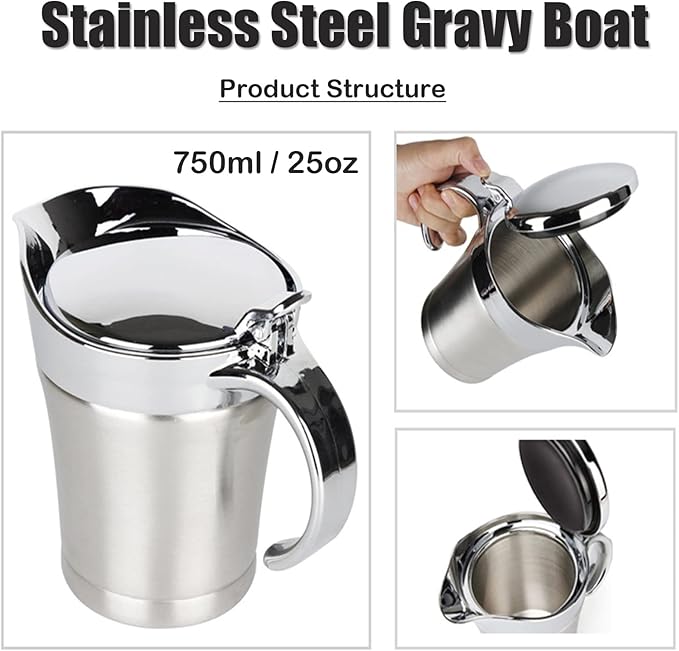 25 oz Gravy Boat Stainless Steel Sauce Gravy Jug Double Wall Insulated Thermal Gravy Boat with Cover and Lip Spout for Gravy Salad Custard Cream Sauce and so on