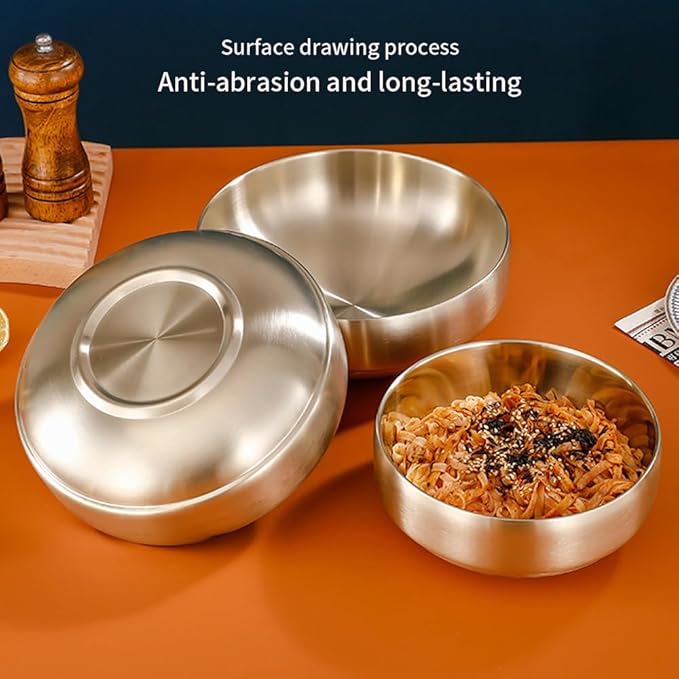 SANQIAHOME 47oz/8.3" Quality Stainless Steel Salad Bowl 2pcs/set – Double-walled Anti-scald, Dishwasher Safe, Large Serving Bowl for Family & Parties Golden, large-capacity soup bowl