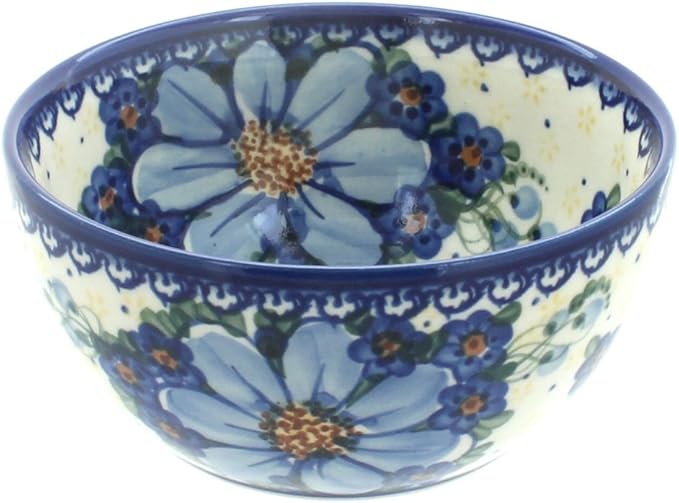 Blue Rose Polish Pottery - Blue Daisy Surprise Dessert Bowl - 5" Diameter - Perfect Bowl for Desserts, Appetizers, and Snacks