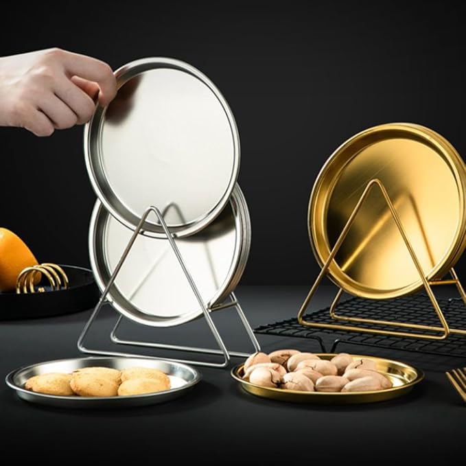 Wakauto Stainless Steel Pastry Serving Tray and Roast Meat Food Plate Set with Storage Rack, Modern Silver, 6pcs Snack Dish Collection for Restaurant and Home Use
