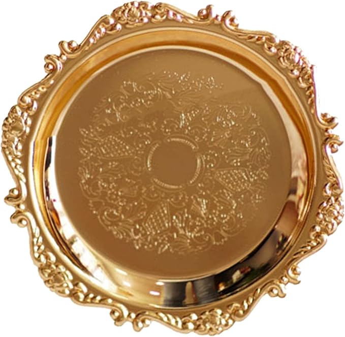 Round Fruit Plate, Metal Food Serving Tray Vintage Round Fruits Serving Platter Plates, Fruit Tray Dessert Cake Decorative Disk for Cakes, Desserts, and Baked Goods Wedding Party(Golden)