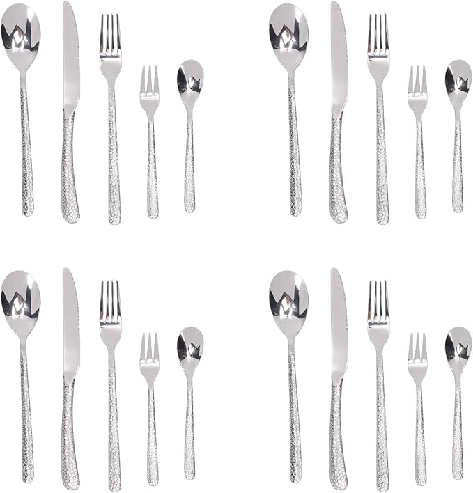 Tnfeeon Serving Sets Pattern Dishwasher Safe 16Pcs Silverware for 4 Kitchen Dining Room Formal Casual Tableware Dinnerware Utensils 18/10 Stainless Steel Flatware Set Hammered Flatware (Silver)