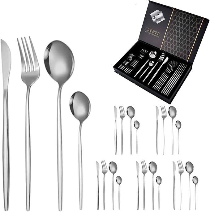 24 PCS Luxury Flatware Set Satin Finished, Matte Flatware Set Serving for 6 for Formal Events, Parties, Tablewar, Home and Restaurant, Dishwasher Safe(Gold,A)