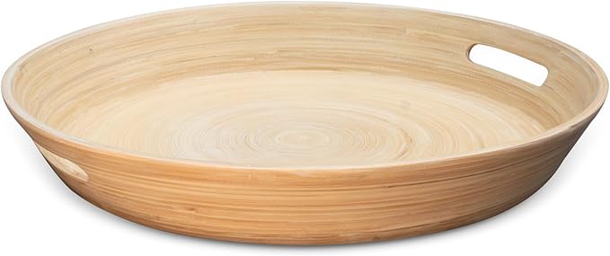 LEXA 15.7" Bamboo Round Serving Tray with Handles – Large Handcrafted Wooden Tray for Food, Ottoman, Coffee Table, Kitchen, or Charcuterie, Natural
