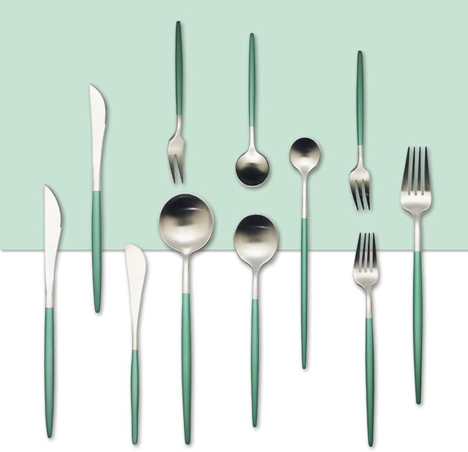 JASHII Matte Modern Flatware Set, 33pcs Set Service for 4, 304 Stainless Steel Silverware Set with Round Green Handle, Luxury Full Set Include Butter Knife, Cake Fork, Teaspoon