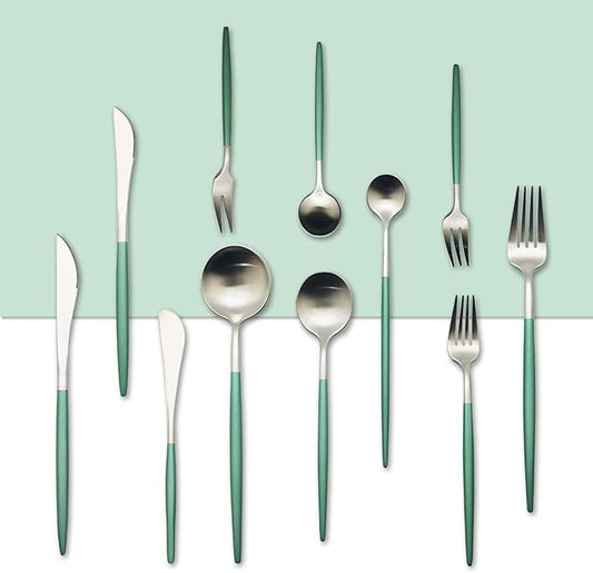 JASHII Matte Modern Flatware Set, 33pcs Set Service for 4, 304 Stainless Steel Silverware Set with Round Green Handle, Luxury Full Set Include Butter Knife, Cake Fork, Teaspoon