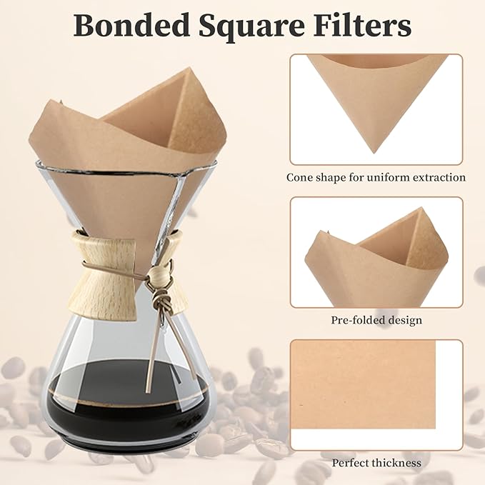 100Packs Pre-folded Pour Over Coffee Filter, Percolator Coffee Filters Paper Coffee Filter 5-12 Cup for Chemex Coffee Maker, Disposable Unbleached Coffee Filters for Pour Over Coffee Maker Drippers