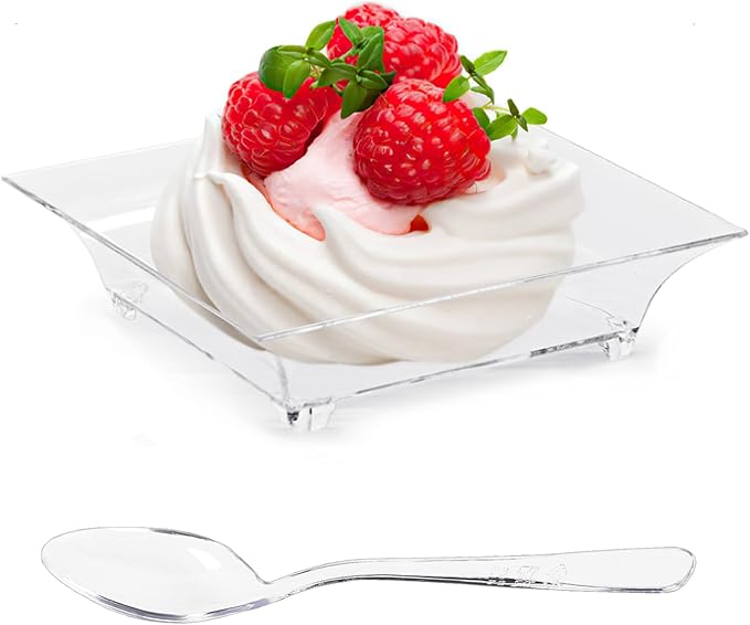 TOFLEN 100ct Mini Dessert Plates with Tasting Spoons, 2.5 Inch Small Reusable Clear Plastic Square Party Serving Hors D'oeuvres Plates for Appetizers (Square)