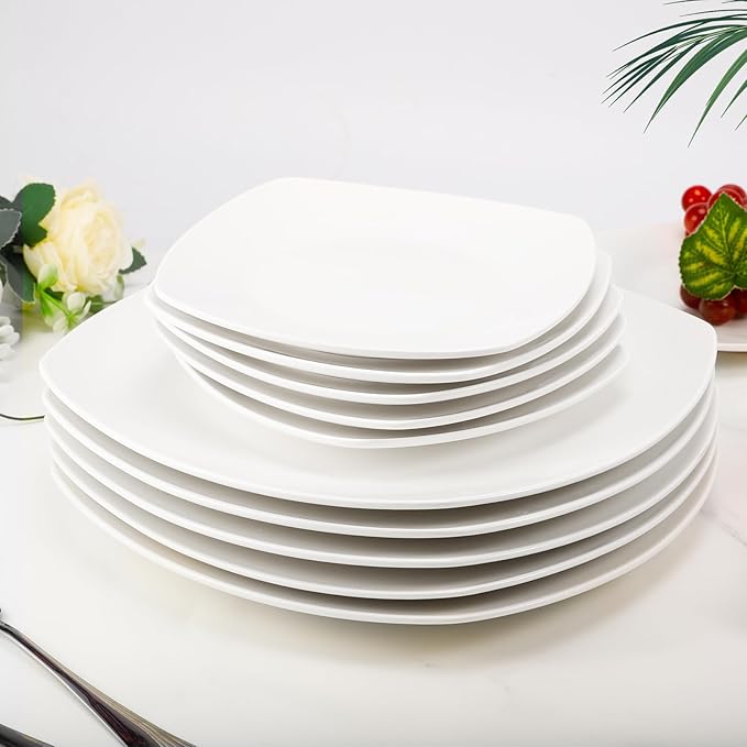 Appetizer Plates Set of 6, 10.5 Inch White Square Plates, Porcelain Dinner Plate, Square Serving Dishes for Pasta, Steak, Snacks,Salad(Microwave and Dishwasher Safe)