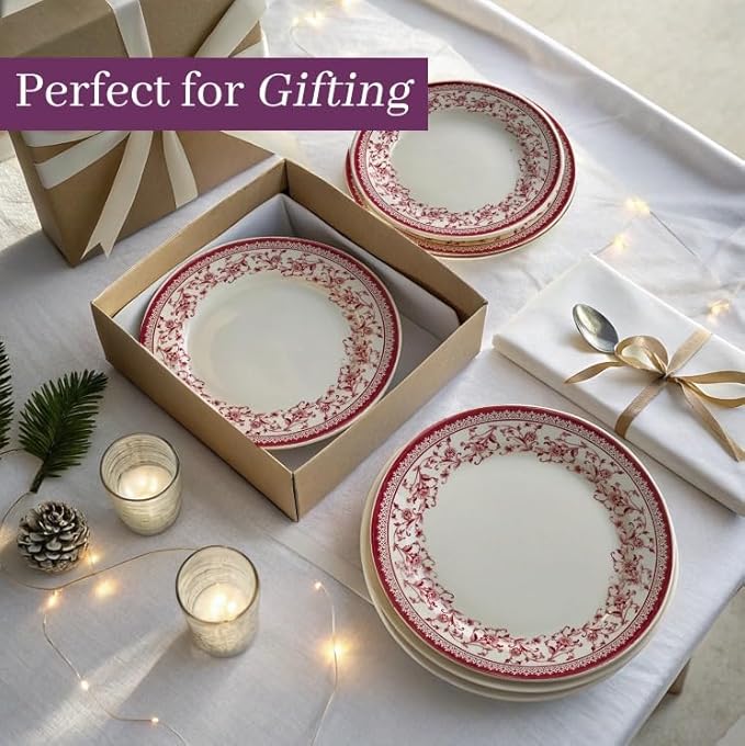 TUDOR Royal Collection 12-Piece Round Porcelain Dinnerware Set, Service for 4 with Dinner Plates, Bowls, and Salad Plates, Aster Pink Red Floral Design, High Gloss Finish, Durable & Premium Quality