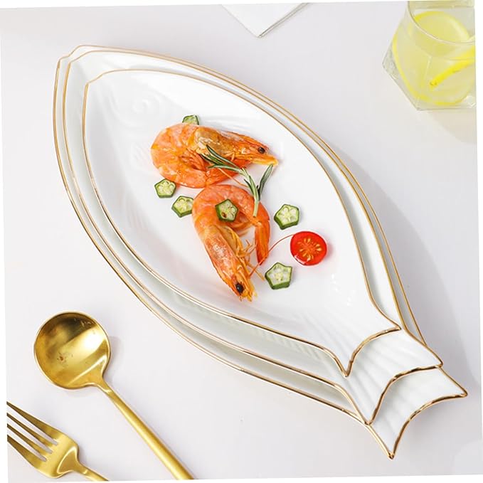 Amosfun Ceramic Fish Plate Gold Trim Decorative Fish Shaped Dish Serving Tray for Appetizers and Snacks Elegant Tableware for Parties Banquets and Home Use