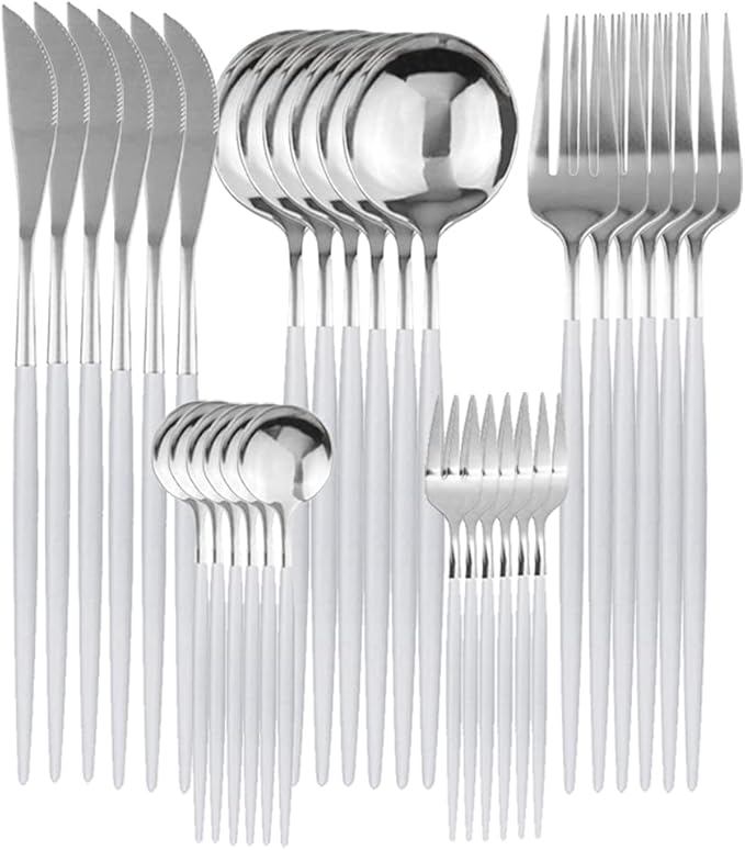 Gugrida 30Pcs Mirror Polish White Handle Silver Spoon Cutlery Set 304 Stainless Steel Dinnerware Set Kitchen Tableware Set Fruit Cake Fork Flatware Silverware Table Set,Service for 6