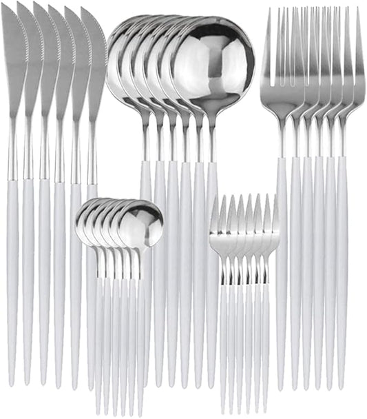 Gugrida 30Pcs Mirror Polish White Handle Silver Spoon Cutlery Set 304 Stainless Steel Dinnerware Set Kitchen Tableware Set Fruit Cake Fork Flatware Silverware Table Set,Service for 6