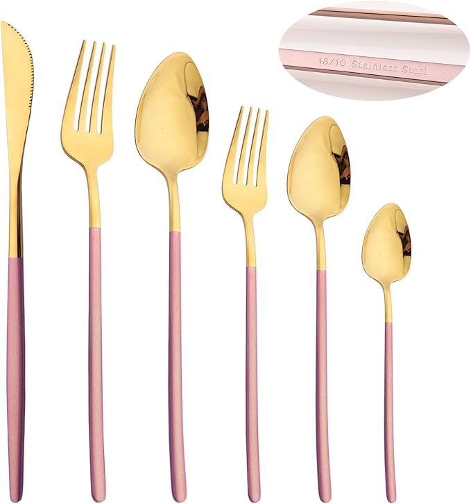 36pcs Silverware Set, 18/10 Stainless Steel Serving Flatware With Curved Handle For 6, Durable Eating Utensils For Home Entertaining, Mirror Polished (Pink Gold)