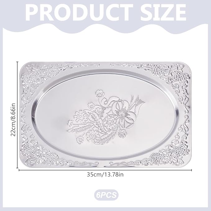 ORIGACH 6 Pack 13.78x8.46 Inch Large Sliver Serving Trays Set, Engraved Floral Mirror Tray, Stainless Steel Tableware Platters for Cookies, Fruit, Desserts, Wedding & Birthday Display