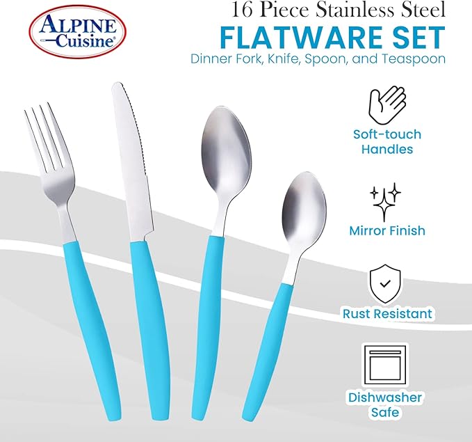 ALPINE CUISINE Flatware Set 16 Piece Service for 4, Stainless Steel Flatware Cutlery Set Includes Dinner Knives/Forks/Spoons - Great for Camping or College Dorms - Dishwasher Safe - Blue