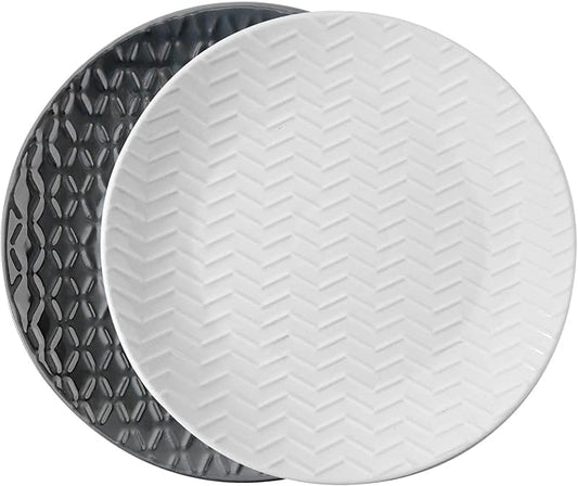 HASENSE Dinner Plates, 10 Inch Ceramic Plates for Kitchen, Porcelain Serving Plate for Steak, Pasta, Home and Party, Embossed Set of 2, Microwave and Dishwasher Safe, White And Gray