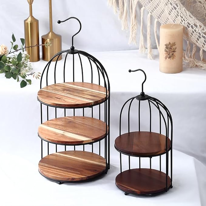 8.2-inch by 18.5-inch and a 6.5-inch by 13.5-inch 3-Layer Acacia Wood 2-Layer Acacia Wood Birdcage-Shaped Dessert Serving Tray Display Stand, Suitable for Decoration of Wedding Reception Tables