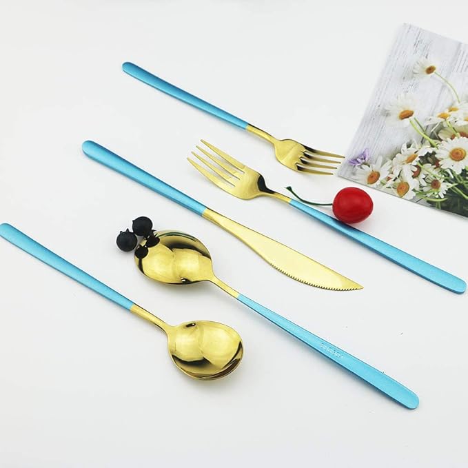 JASHII 20-Piece Silverware Set with Serving Utensils, SUS304 Stainless Steel Flatware Cutlery Set for 4, Eating Utensil Tableware Sets, Mirror Finish(Blue gold)