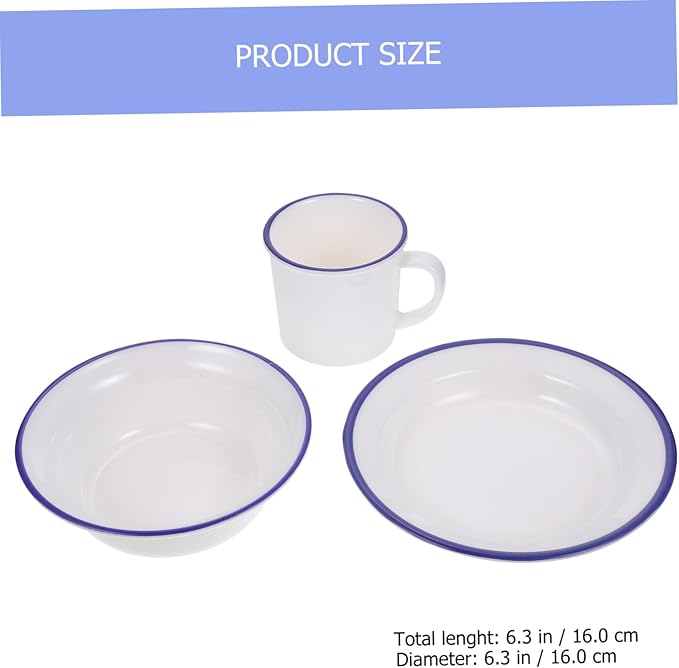 Kichvoe Retro Enamelware Dinnerware White Blue Rim Plate Bowl Cup Kit Kitchen Tableware for Home Camping Picnic Parties Serving Soup Salad Rice Noodles