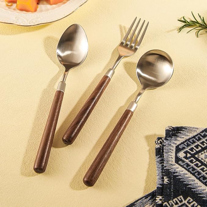 Stainless Steel Flatware serving set,Home Kitchen Eating Tableware Set,Dishwasher Safe,For Home Kitchen Restaurant Hote 4/16/24 Pieces 304 Stainless Steel Wooden Handle Spoons For Home Use For Eating