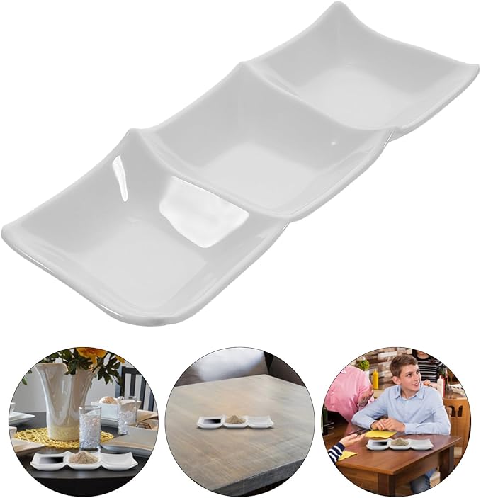 STOBAZA Three-Grid Ceramic Dipping Sauce Dish 9.84X3.54X0.98In Reusable Appetizer Serving Plate for Kitchen Dining Table Condiment Storage