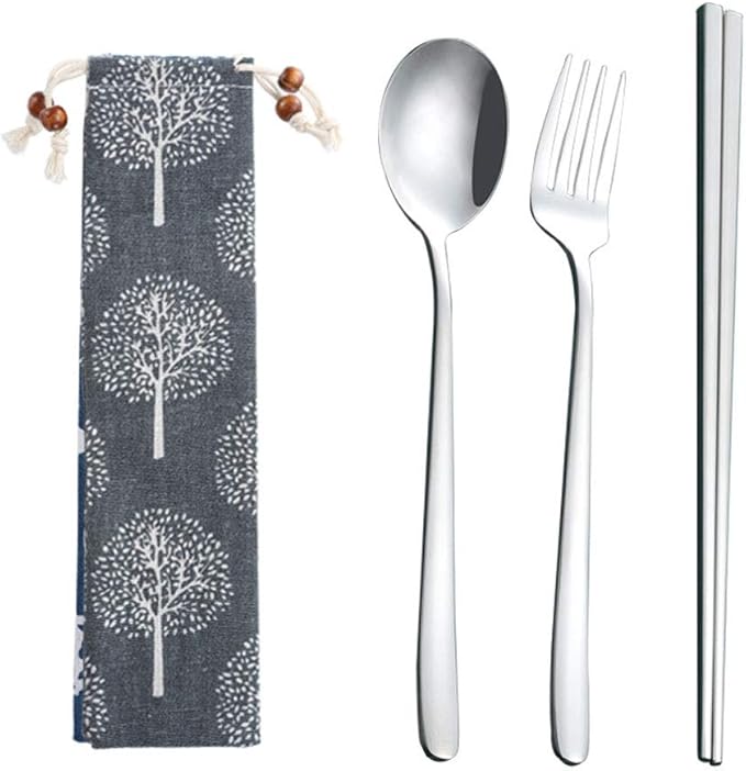 3pcs/6pcs Set Cutlery Dinnerware 304 Stainless Steel Flatware Set Tableware Dinner Spoon Fork Chopsticks Sucker Flatware Serving Sets (Silver - 3pcs)