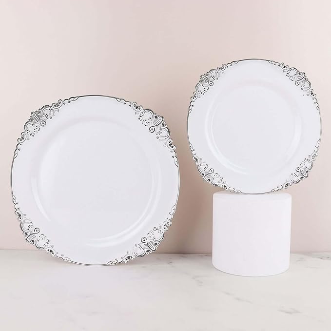 10" Dinner Plates -Set of 30 - Plastic White Silver Round Baroque Disposable Chargers Leaf Embossed Rim, Ideal for Dinner Party Wedding Bulk Events