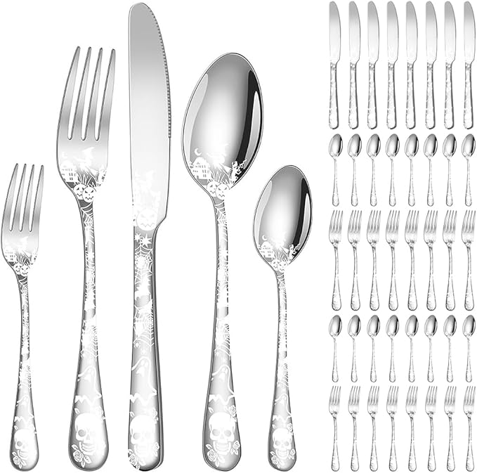 XIAOYU 40-Piece Halloween Themed Skeleton Silverware Set, Metal Flatware Set Serving for 8, Gothic Unique Skeleton Pattern Design, Durable Cutlery Set for Halloween Easter Christmas, Silver
