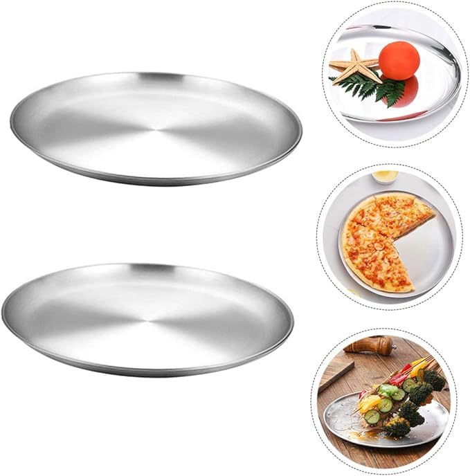 PRETYZOOM 2pcs Elegant Round Bbq Plate Stainless Steel Pizza Serving Trays Storage Plate for Family Gatherings